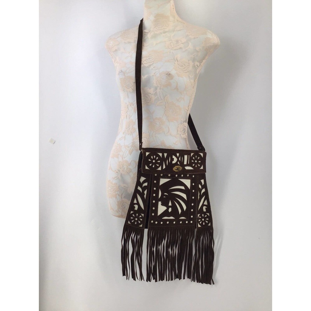 Suede Leather Fringe Purse Shoulder Bag Studded Chocolate Brown Size 11X10